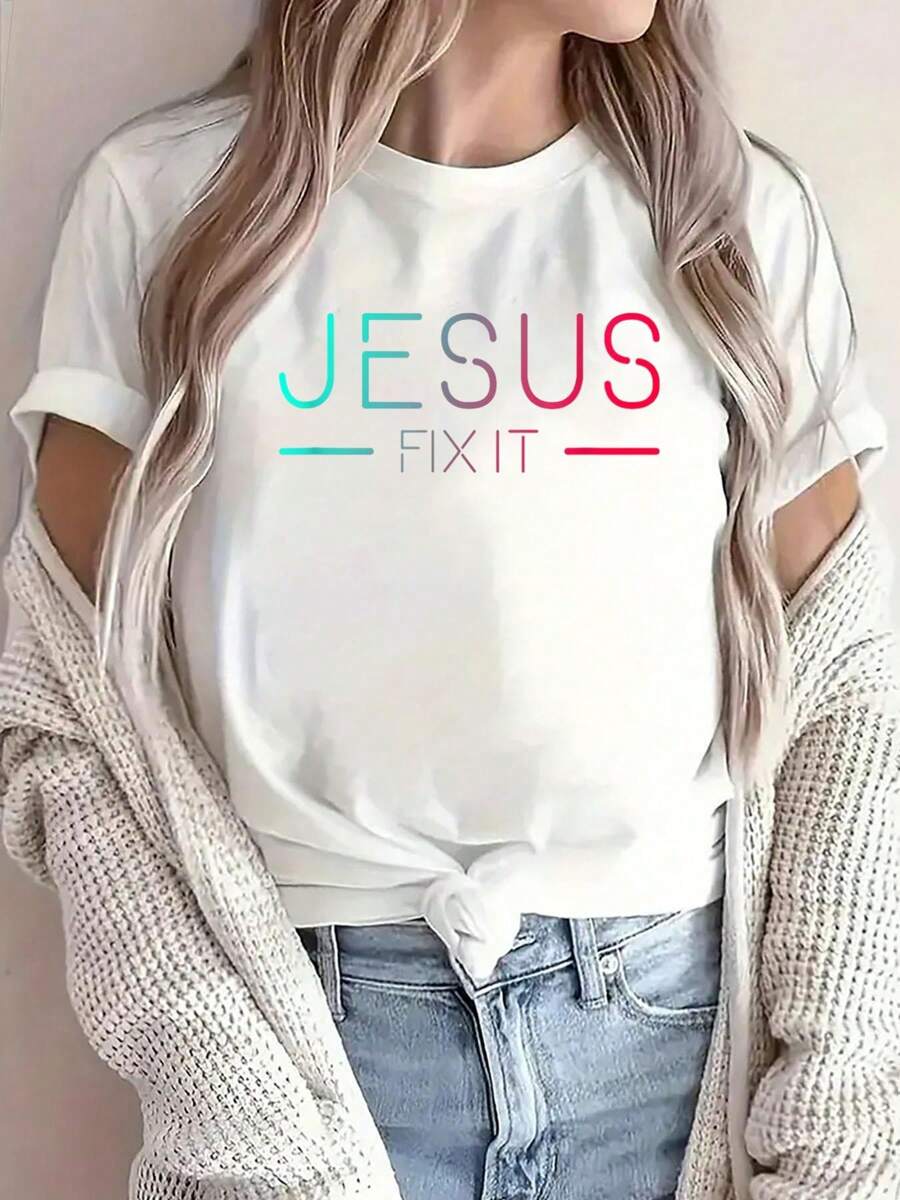 Christian T-Shirt - Jesus Fix It Faith Filled T-Shirt Print Crew Neck T-Shirt For Summer, Women's Soft Short Sleeve Top, Stylish Comfy Tee For Women Graphic Tees