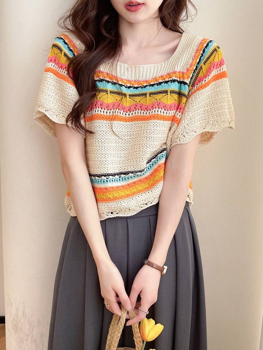 女士休闲活力条纹方领短袖套头衫，夏季 - 彩色 - 查看 1