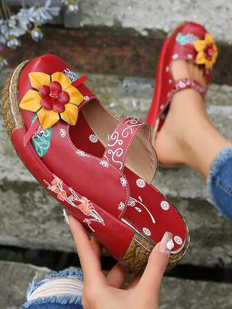 Women's Wedge Mule Shoes, Flower Decor Cut-Out Floral Print Slide Sandals, Slip On Shoes Koningsdag/King's Day