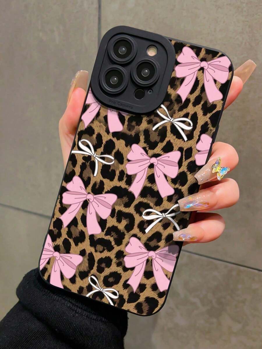 Bow-Knot 1pc Pink Bow & Leopard Print Pattern Full Protection Phone Case Compatible With IPhone 7 8 X XS XR 11 12 13 14 15 16 Pro Plus ProMax, Shock-Absorbing Protective Cover