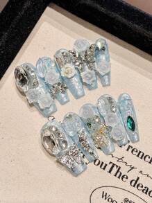 10pcs Heavy Light Blue 3D Rose Metal Butterfly Handmade Nails Acrylic Press On Nails Luxury Lolita Flower Decoration Super Long Coffin Fake Nails Reusable Nails With Jelly Glue And Nail File, DIY Nail Art Supplies, Music Festival Party Daily Wear