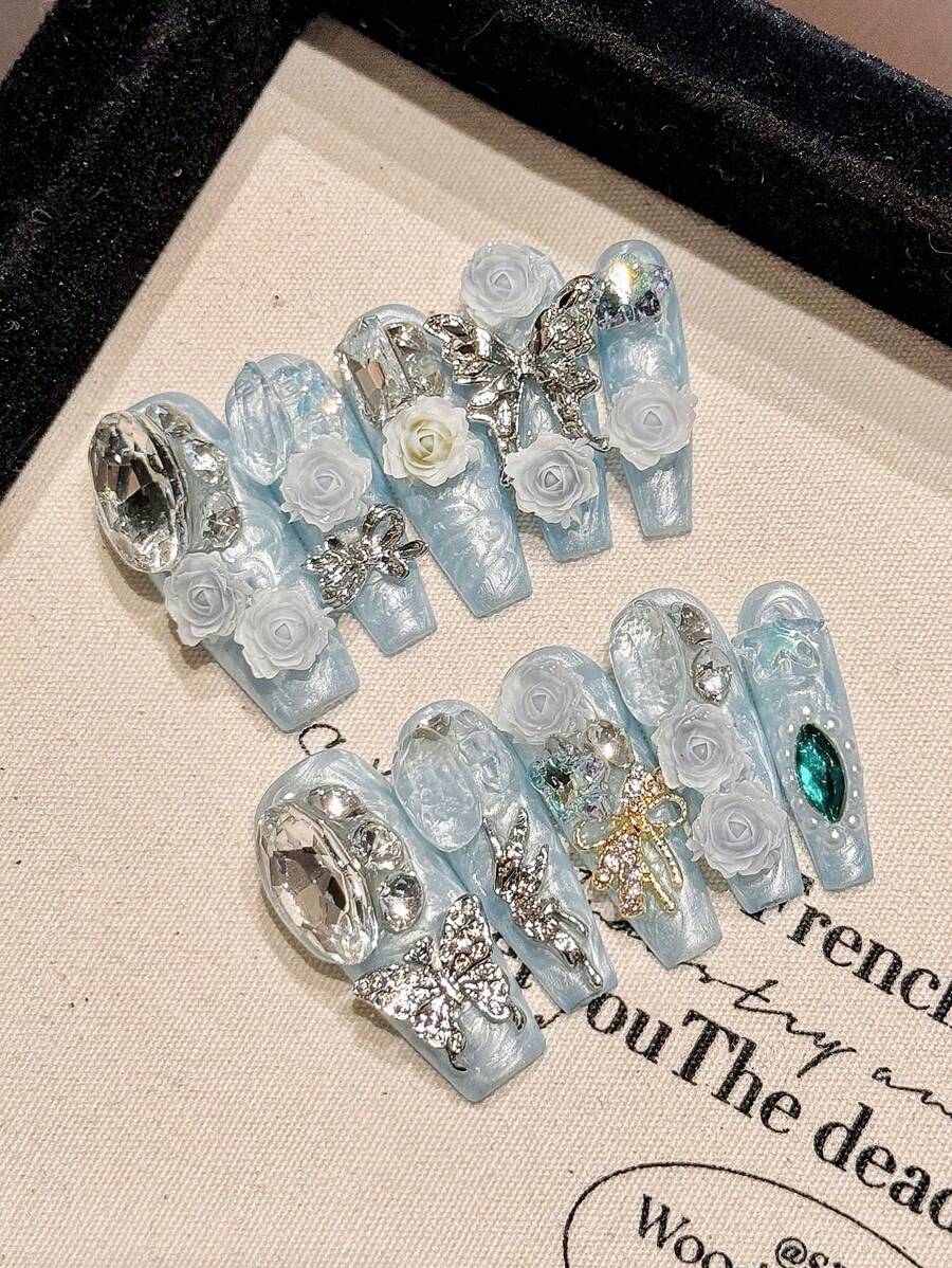 10pcs Heavy Light Blue 3D Rose Metal Butterfly Handmade Nails Acrylic Press On Nails Luxury Lolita Flower Decoration Super Long Coffin Fake Nails Reusable Nails With Jelly Glue And Nail File, DIY Nail Art Supplies, Music Festival Party Daily Wear