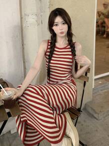 Ins Style Women Drawstring Crew Neck Sleeveless Long Casual Sweater Dress