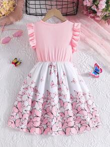 Tween Girls Elegant Floral Print Casual Cap Sleeve Ribbed Patchwork Dress, Summer