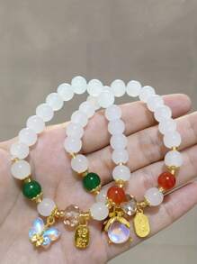 2 piezas Pulsera de la amistad con dije de mariposa y luciérnaga blanca con estilo chino, adorno de la suerte lindo para mujeres