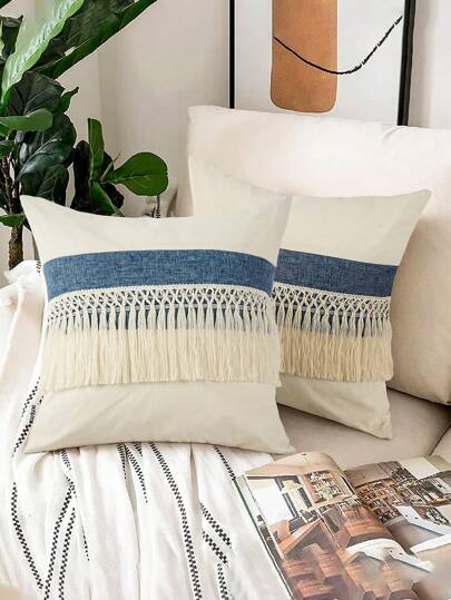 1 件波西米亚风流苏靠垫套，拼布帆布抱枕套（不含枕芯）