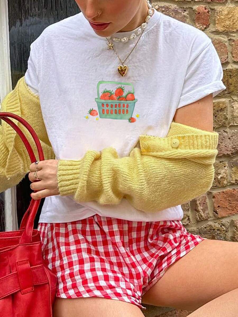 Women's Y2k Summer Strawberry Print Round Neck Short Sleeve Simple Casual Daily Loose T-Shirt Tops