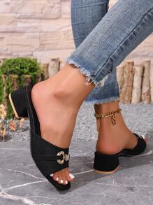 Women's Square Toe Chunky Heel Strap Slides, Fashionable Outdoor Slimming Mid-Heel Sandals - Black - View 3