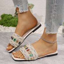 1 par de sandalias planas tipo chanclas para mujeres, nuevo estilo de verano 2025, tallas grandes, pantuflas de playa casuales - Dorado - Ver 8