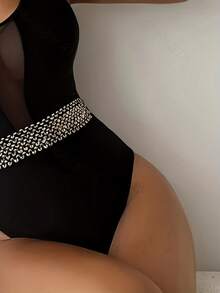 Women's Patchwork Ribbon & Mesh One-Piece Swimsuit, Casual Style - Black - View 4