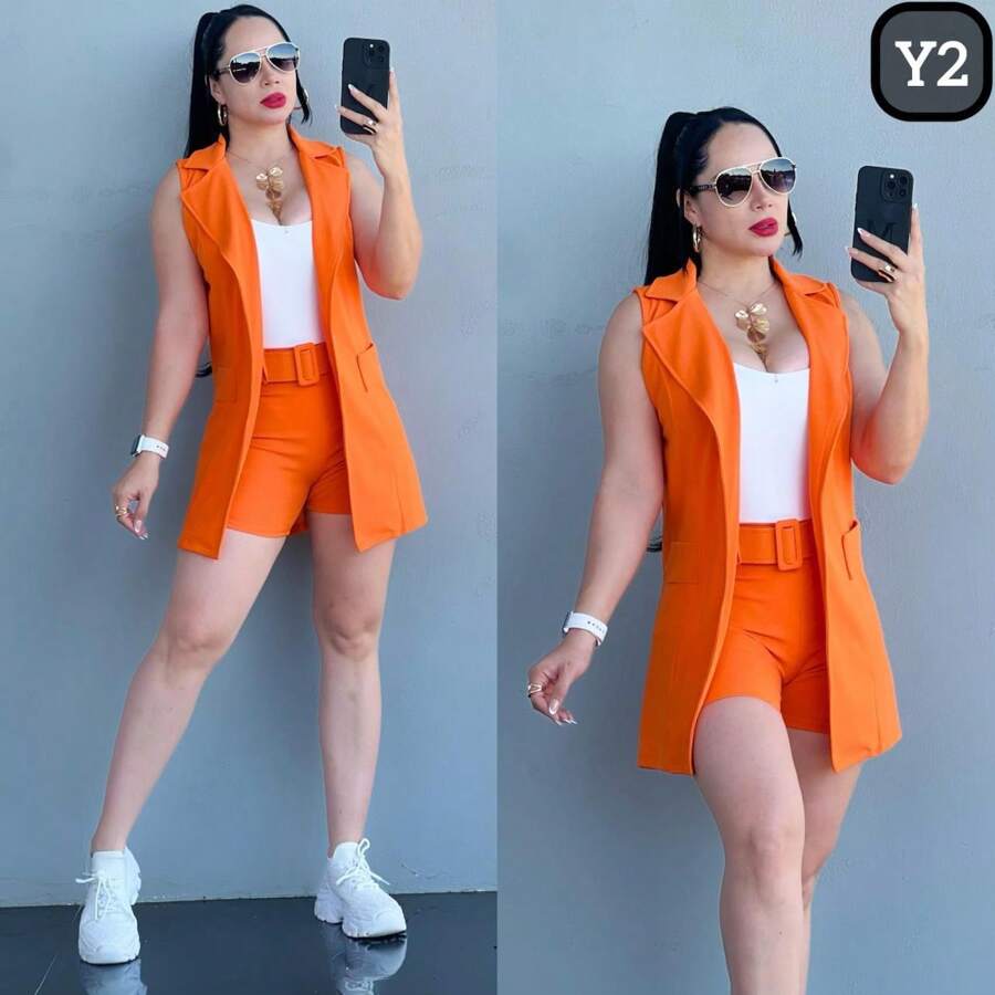 SET CHALECO SHORT TOP CINTURON ELEGANTE - Naranja - Ver 1