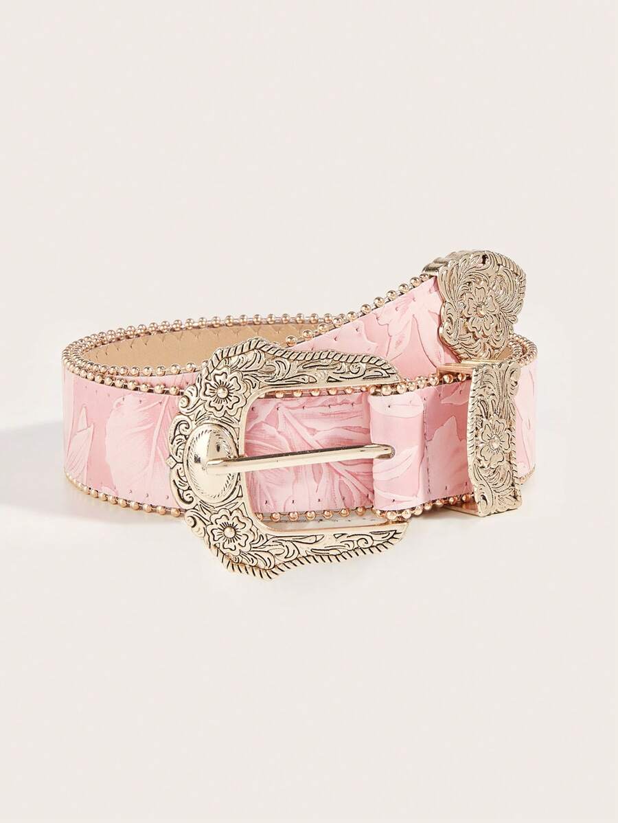 ROMWE Kawaii 1pc Women's Heavy Beaded Edge Milk Fiber Western Belt, Suitable For Cowgirl Summer, School Fall, Autumn, Halloween - Pink - View 1