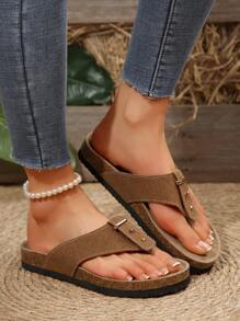 女士平底凉鞋，新款时尚舒适休闲一脚蹬人字凉鞋，加大码，轻便，沙滩，露趾