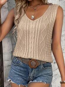 Plus Size Women V-Neck Sleeveless Ribbed Casual Vest Tank Top, Lightweight Breathable, Suitable For Spring And Summer - Khaki - View 4