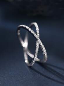 1pc S925 Sterling Silver Cross Design Synthetic Cubic Zirconia Ring, Fashion & Elegant Lady Daily Wear Quality Jewelry