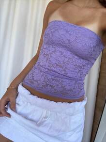 Women's Summer Sheer Lace Floral Off Shoulder Backless Slim Crop Tube Tops  Soft Top For Street  Party - 紫色 - 查看 5