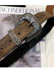 1 pieza Cinturón vintage personalizado con hebilla estampada de moda para mujer en color marrón, adecuado para vaqueros y vestidos