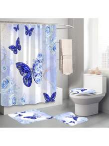 1pc/4pcs Set Blue Butterfly & Floral Multifunctional Bathroom Waterproof Shower Curtain With 12 Hooks, Bathroom Anti-Slip Mat, U-Shape Toilet Mat And Round Toilet Seat Cover, Bathroom Accessory Set For Full Scene Use
