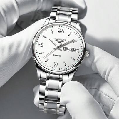 GUANQIN 1 szt. Wodoodporny zegarek GUANQIN z podwójnym kalendarzem, odporny na zużycie, pasek ze stali nierdzewnej, modny, biznesowy, luksusowy, sportowy, klasyczny, prosty, codzienny, mechaniczny, męski, automatyczny zegarek kwarcowy, odpowiedni na Dzień Ojca, studentów, festiwale, randki, biznes, na co dzień, prezenty