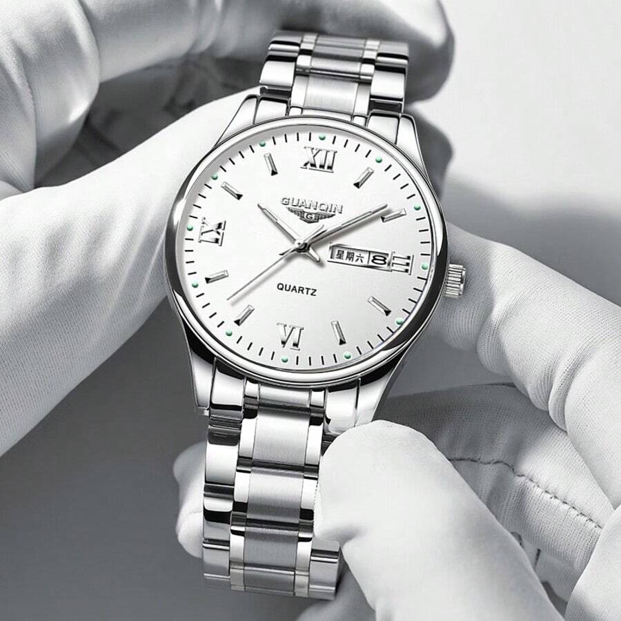1 szt. Wodoodporny zegarek GUANQIN z podwójnym kalendarzem, odporny na zużycie, pasek ze stali nierdzewnej, modny, biznesowy, luksusowy, sportowy, klasyczny, prosty, codzienny, mechaniczny, męski, automatyczny zegarek kwarcowy, odpowiedni na Dzień Ojca, studentów, festiwale, randki, biznes, na co dzień, prezenty