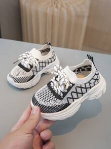 1 Pair Baby/Infant Lace-Up Knit Mesh Breathable Color Block Comfortable Casual Athletic Shoes, Suitable For All Seasons