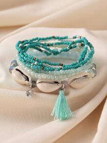 Set de 7 piezas de pulseras con borlas de cuentas de concha y resina con estilo bohemio, adecuado para mujer en la playa, vacaciones, uso casual, bar - Azul - Ver 6