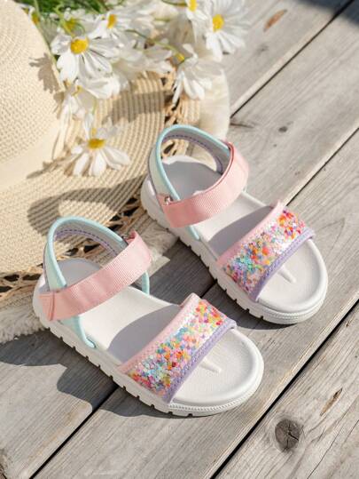 1 Pair Girls' Colorful Sequin Heart Comfortable Flat Sandals, Non-Slip, Summer