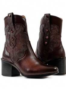 Botines Vaqueros de Tacón con Grabado Artesanal, caña media con tacon de 6 cm. Cómodos y prácticos. - Camel - Ver 4