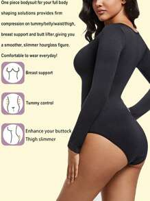 Women's One-Piece Seamless Shapewear, Belly Lift, Hip Lift, Long Sleeves, Large Neckline, Sexy Body Shapewear, Breathable, High-Stretch And Comfortable Briefs - 黑色 - 查看 9