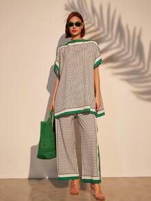 印花绿色休闲衬衫和裤子两件套 - 彩色 - 查看 2