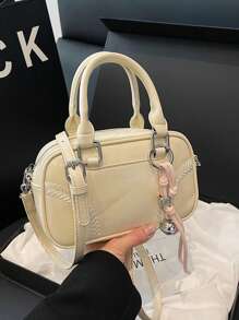 1 件时尚 PU 皮革斜挎单肩保龄球包，简约时尚迷你包，附带编织绳饰物 - 米色 - 查看 2