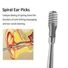 6pcs Stainless Steel Ear Cleaning Tools Set, Spiral Shaped Scoop Design With Keychain, Battery-Free, Odorless, Suitable For Household And Personal Care