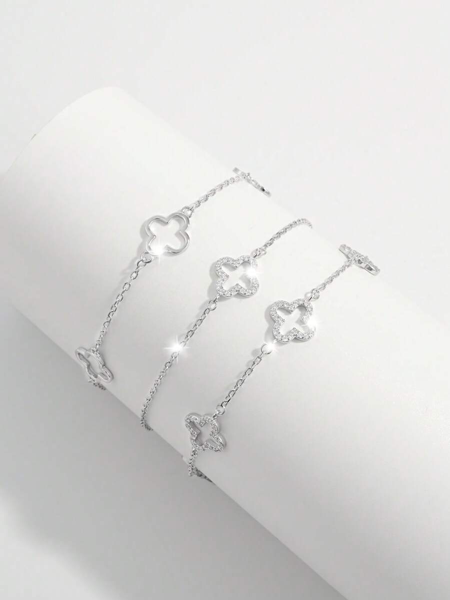 Vaerine 1 pieza Brazalete elegante y minimalista de plata de ley 925 con diseño hueco de trébol de cuatro hojas y circonita cúbica, adecuado para citas, fiestas y uso diario para mostrar Charm, regalo para mujeres - Plateado - Ver 1