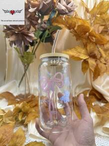 450ml/15.22oz 带盖和吸管的硼硅酸盐玻璃杯，罐形设计，适用于咖啡、茶、果汁、牛奶、生日礼物、饮具 - 彩色 - 查看 6