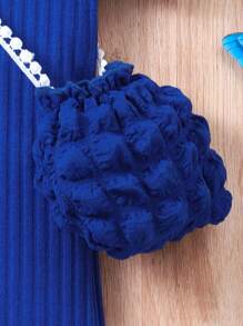 Young Girl Short Sleeve Solid Color Bubble Textured Rib Knit Casual Dress With Bag - Blue - View 5