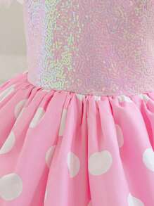 小女孩亮片蝴蝶结薄纱盖袖波尔卡圆点派对礼服，优雅公主裙，适合女孩生日派对、婚礼、花童、舞会、庆典、节日 - 粉色 - 查看 6