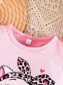2 pièces/set Débardeur à manches courtes avec imprimé chat et cœur et pantalon imprimé léopard pour bébé fille, tenue d'été