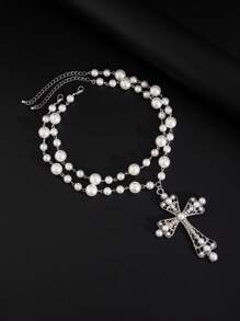 2pcs Unisex Punk Cross Pendant Faux Pearl Necklace, Adjustable Charm Jewelry, Couples' Necklace - 2-piece Set - View 6