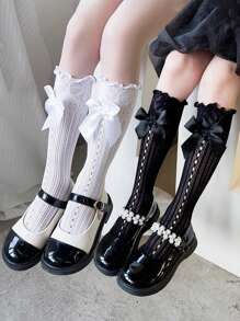 3 Pairs Girls Princess Lace Ruffle Knee High Socks With Bow, Children Mid-Calf Socks, Size 3-12Y
