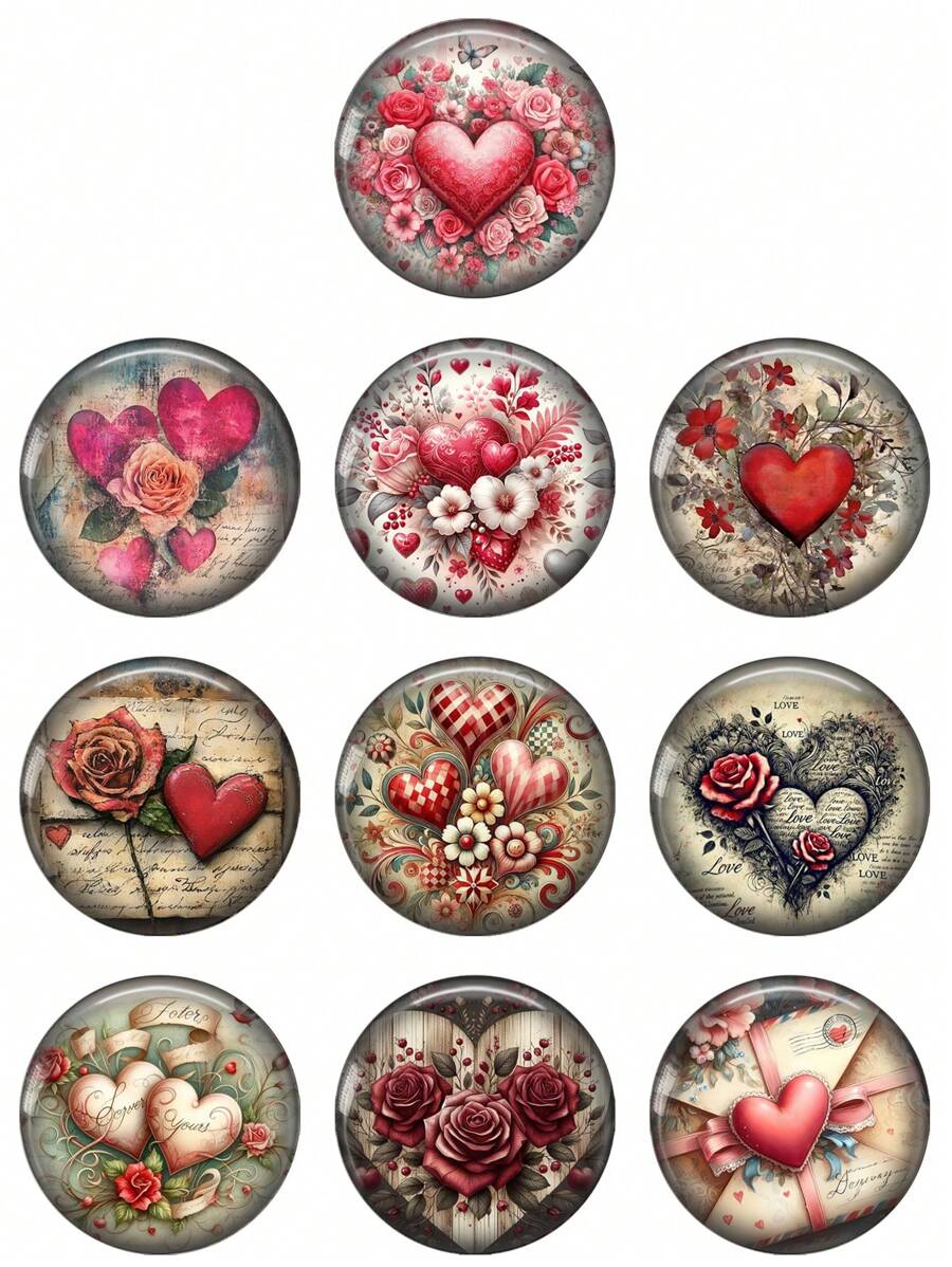 Retro Red Heart Rose Flower Pattern 12mm/20mm/25mm Round Photo Glass Cabochon Demo Flat Back Making Findings - Round - View 1