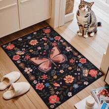 Felpudo de entrada con diseño de mariposa, esterilla de insectos ultrafina y lavable para la entrada de la casa, antideslizante y de pelo bajo, felpudo de entrada interior, alfombra bohemia beige para dormitorio de niñas, cocina y baño - Negro - Ver 1
