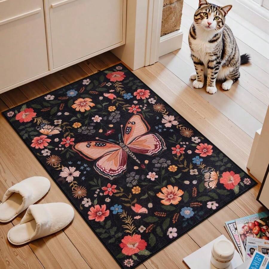 Felpudo de entrada con diseño de mariposa, esterilla de insectos ultrafina y lavable para la entrada de la casa, antideslizante y de pelo bajo, felpudo de entrada interior, alfombra bohemia beige para dormitorio de niñas, cocina y baño - Negro - Ver 1