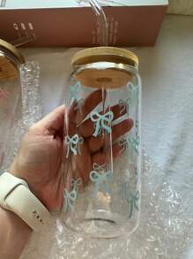 450ml/15.22oz 带盖和吸管的硼硅酸盐玻璃杯，罐形设计，适用于咖啡、茶、果汁、牛奶、生日礼物、饮具 - 彩色 - 查看 13