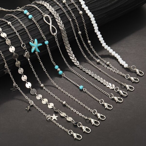 Set de 10/20 piezas de tobilleras con estilo bohemio con estrella de mar y cuentas, adecuado para vacaciones de verano y uso al aire libre
