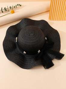 1pc Girls' Tulle Faux Pearl Bow Decor Cute Casual Khaki Wavy Straw Hat/Sun Hat, Suitable For Outdoor, Daily Wear, Beach Holiday, Children's Gift, Party, Wedding, Eid Al-Adha Gift