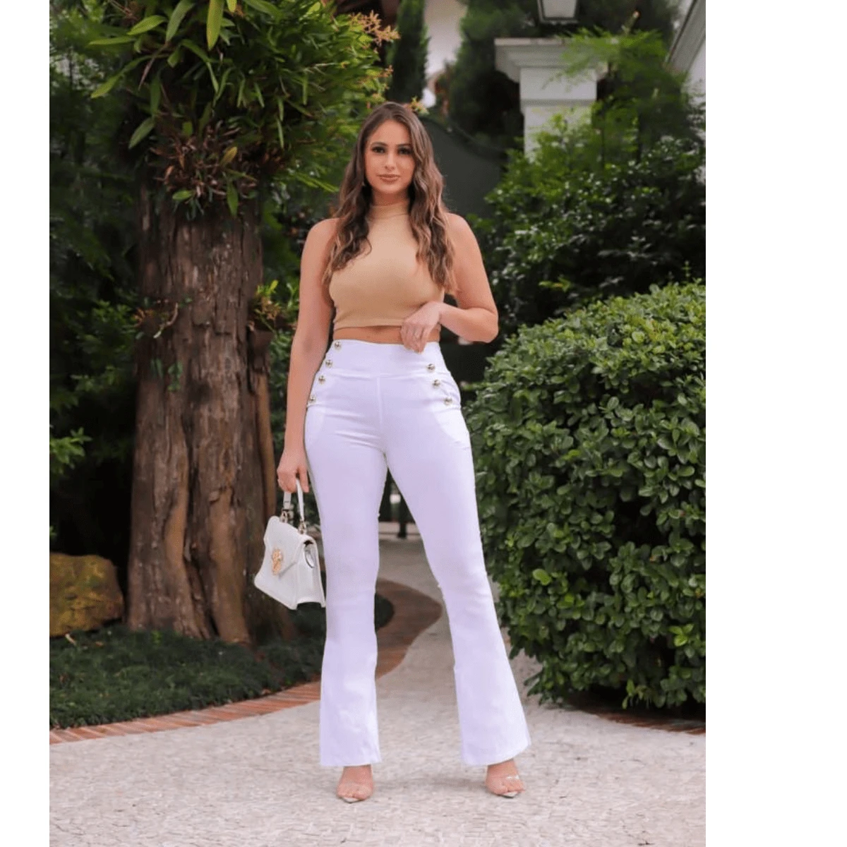 Women's Bengaline Button Flare Pants Office Party - White - View 1
