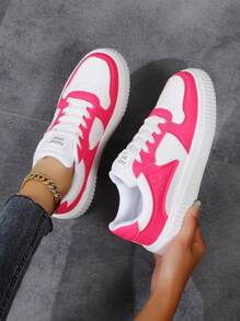Low Top Women's Shoes Sneakers , Casual Shoes, Sports Shoes, Student Shoes, Fashionable Color Blocking Design With Lace Up, Ultra Light EVA Sole, Breathable And Soft, Suitable For All Seasons - Hot Pink - View 6