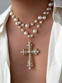 2pcs Unisex Punk Cross Pendant Faux Pearl Necklace, Adjustable Charm Jewelry, Couples' Necklace - 2-piece Set - View 2