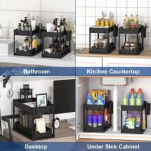 2 Tier Under Sink Organizer Sliding Cabinet Basket Organizer Storage Rack With Hooks Hanging Cup Bathroom Kitchen Organizer Large Double Layer Storage Rack With Drawer Style Design Kitchen Organization Rack With Double Sliding Cabinet Drawers, Multi-Purpose Storage Shelf - Multicolor - View 8