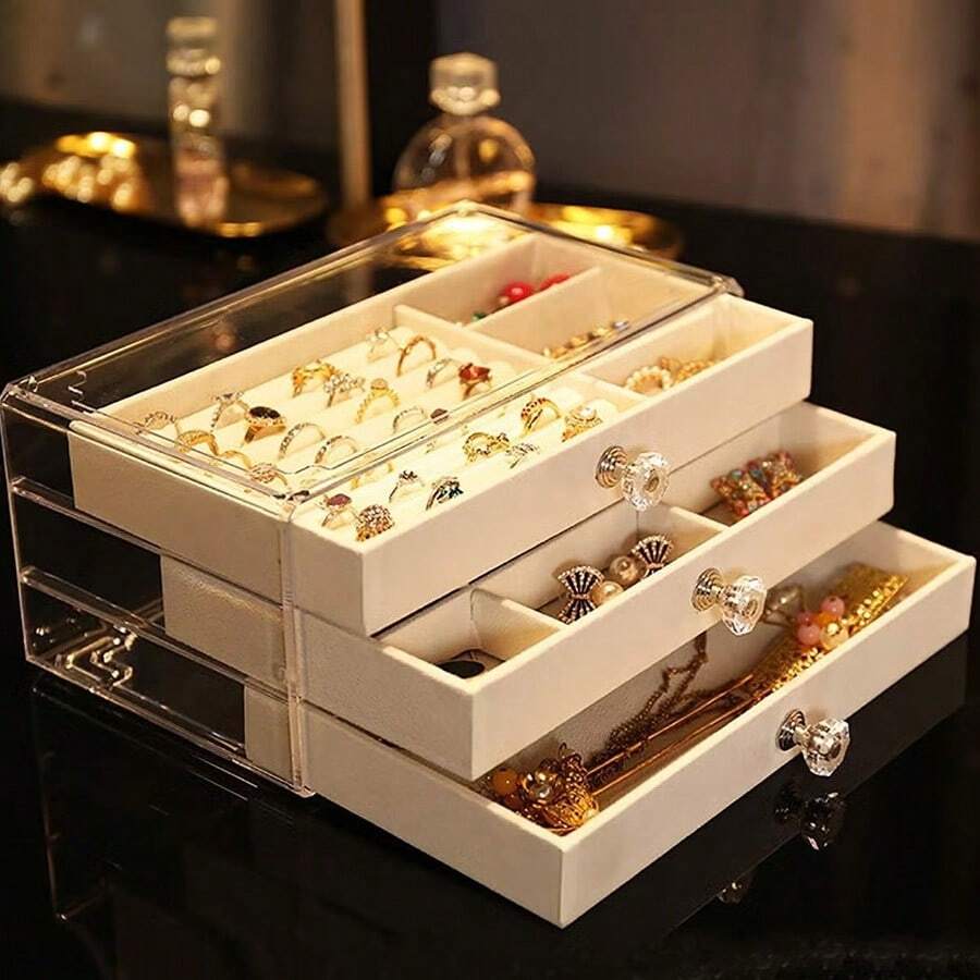 1pc Jewelry Organizer Box, Earring Holder, Trinket Drawer Storage Case, Dustproof Jewelry Display Box For Dresser